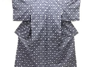 アンティーク　変わり格子に絣柄織り出し手織り紬着物